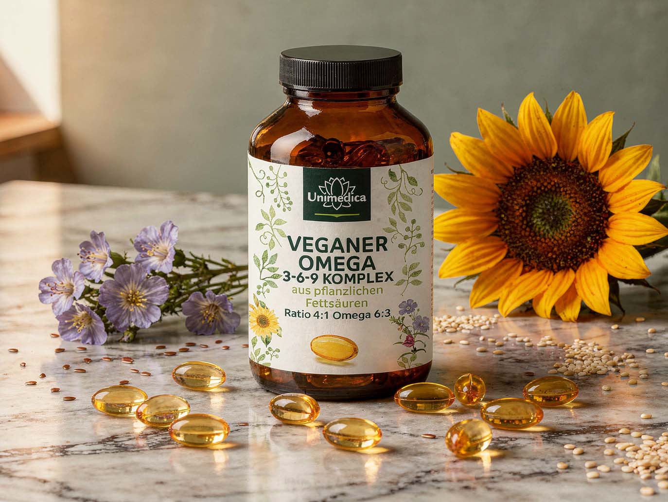Veganer Omega 3-6-9 Komplex - aus pflanzlichen Omega-Fettsäuren - 180 Softgelkapseln - vegan - von Unimedica